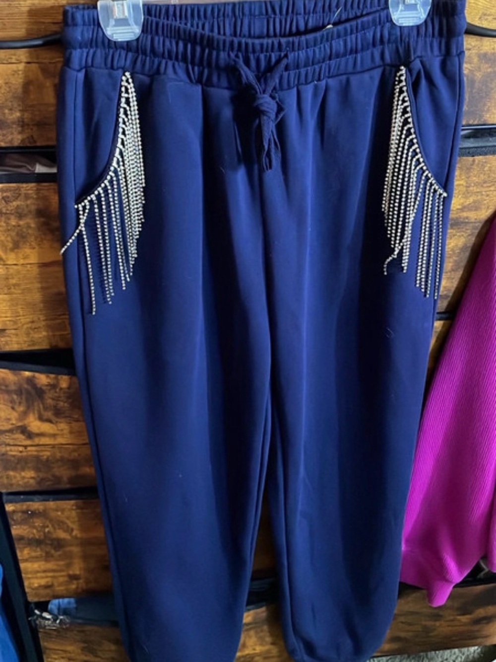 Women's Navy Jogger Pants with Beaded Fringe Pockets